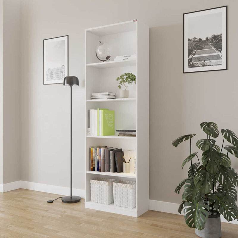 Bibliothèque moderne blanche avec de nombreuses tablettes, 25,2 po x 71,6 po x 10,2 po | Panneau de particules revêtu de mélamine à 100%, conception murale | Rangement élégant et fonctionnel pour la maison et le bureau, couleur unie élégante