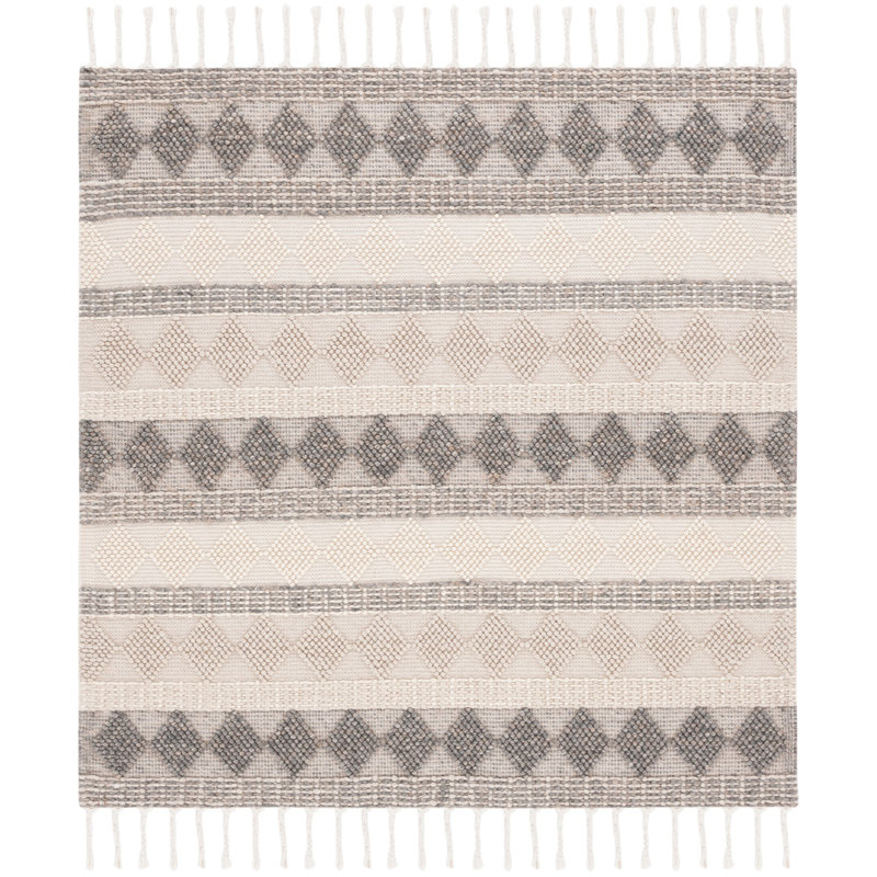 Ansam Hand Woven Wool/Cotton Geometric Rug in Gray/Ivory, Square 6'