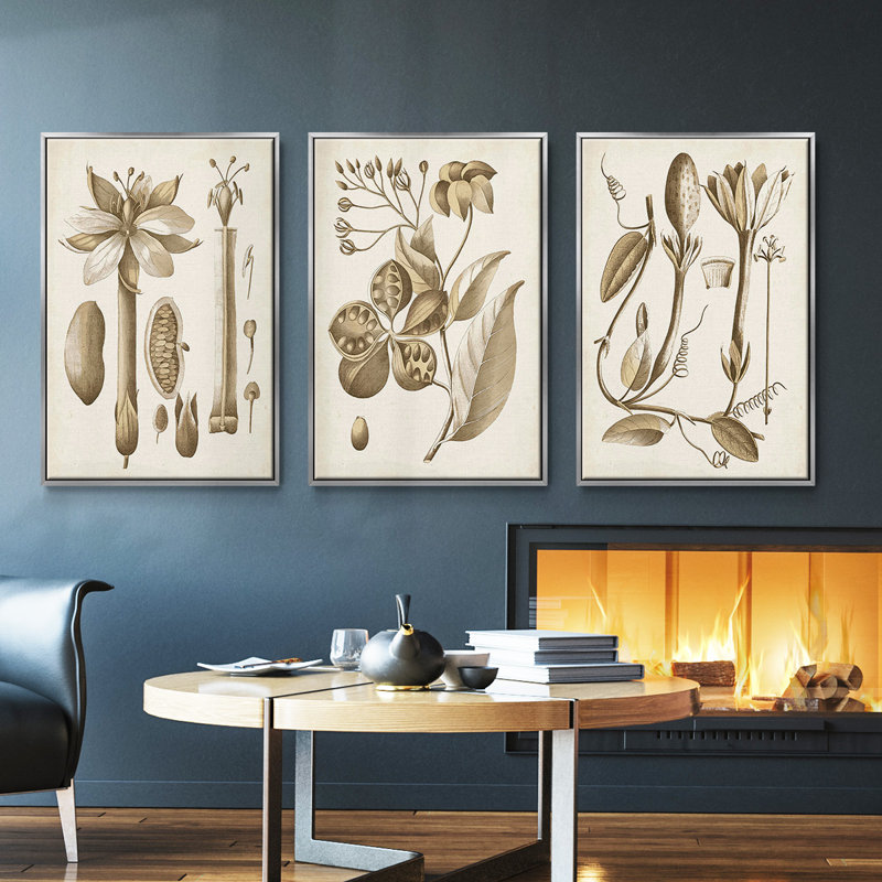 Ensemble de 3 pièces encadrées sur toile Ochre botanique I, H 40 po x l 78 po, Argent