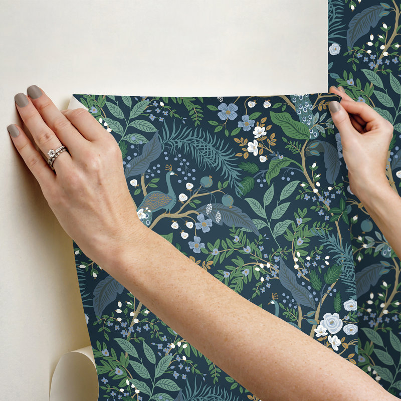 Peacock Garden Navy Peel and Stick Wallpaper, Blue