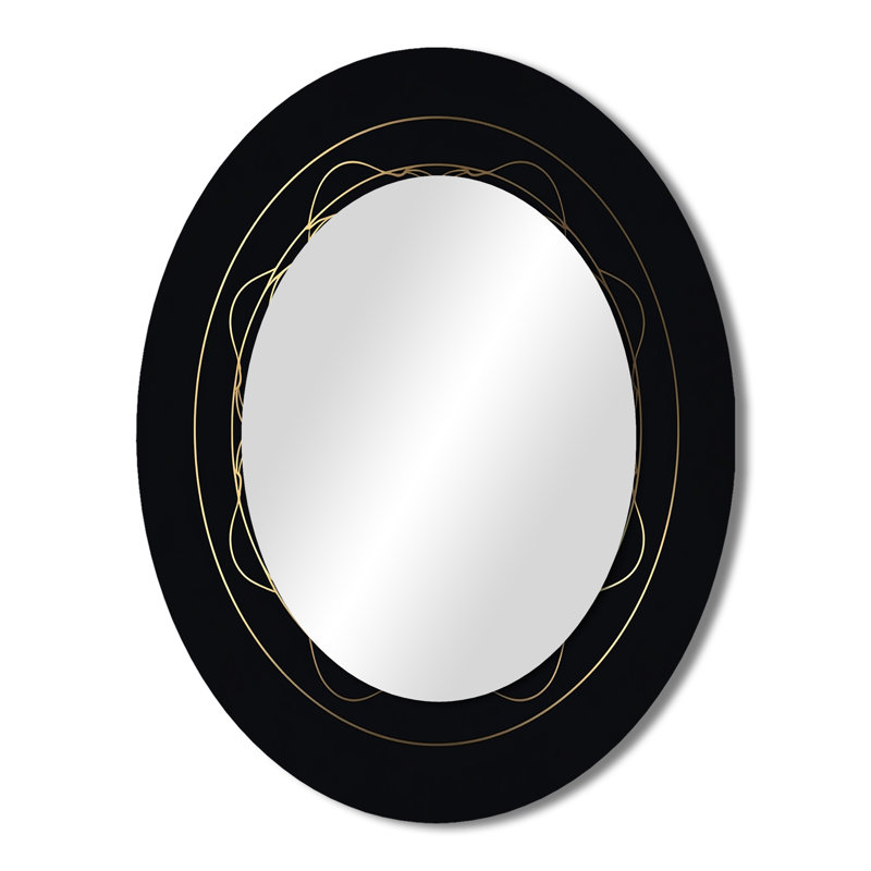Gold Sacred Geometry Visions On Black - Modern Oval Wall Mirror, 43" x 33"