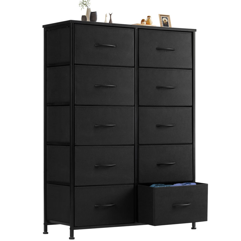Commode en tissu à 10 tiroirs l 31,4 po avec plateau en bois et commode, Noir