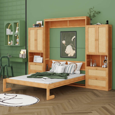 Lit escamotable double en rotin pleine grandeur avec armoire, lit compact en bois massif avec 2 tablettes de rangement latérales pour chambre à coucher, bureau personnel
