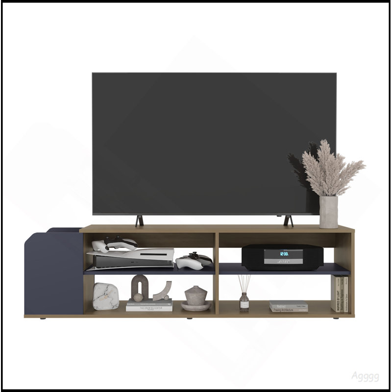 Meuble télé moderne, console de divertissement avec tablettes ouvertes, bleu marine et chêne naturel