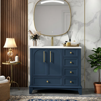 35.6" Mid-Century Modern Freestanding Bathroom Vanity with Single Hole Ceramic Sink Top, Asymmetric 4-Drawer Storage Combo & Soft-Close Door Cabinet with Adjusting Shelf (Classic White & Deep Blue)