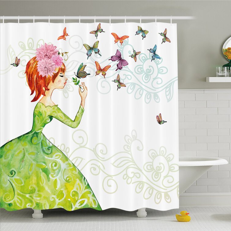 Ambesonne Fashion House Lady in Green Dress with Leaf Ornamentals Flower Pastel Butterfly Shower Curtain Set