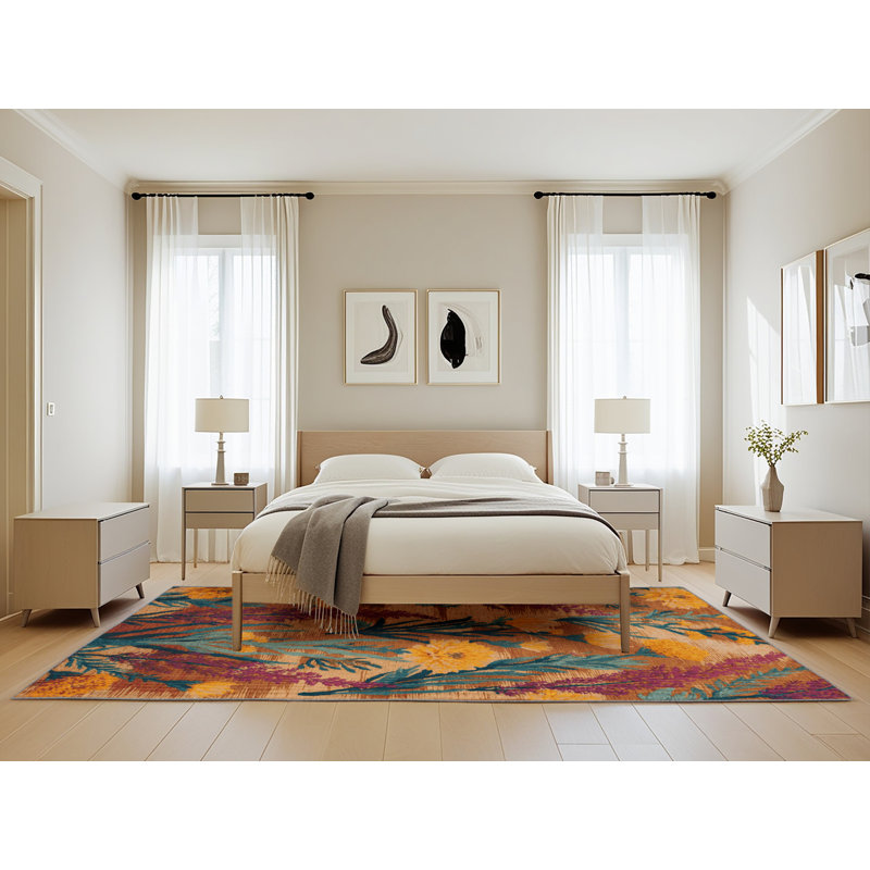 Tapis botanique brun lavable à la machine, Rectangle 5 pi x 8 pi