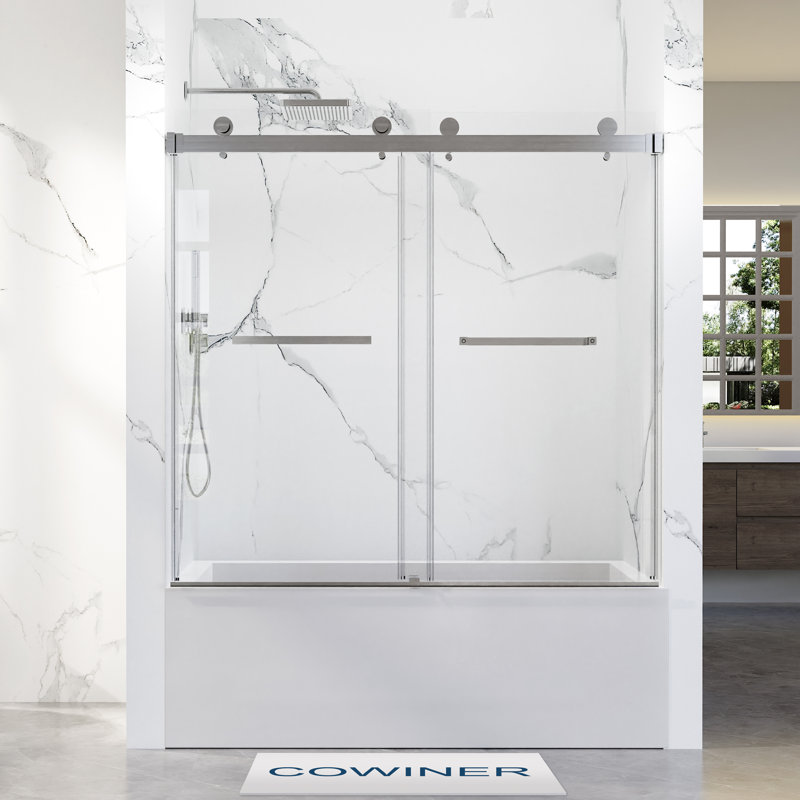 56-60 in. W x 66 in. H Double Sliding Frameless Tub Door in Brushed Nickel with 5/16 in.（8mm）Clear Tempered Glass