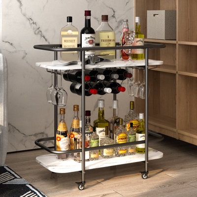 Ahmarria 2-Tier Bar Cart on Wheels with Wine Rack and Glass Holder, Drink Trolley for Home, Party