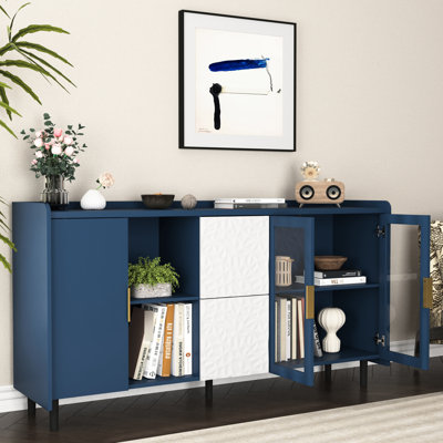 Armoire de rangement pour bar 55 po avec 2 tiroirs et portes en verre, garde-manger moderne bleu pour cuisine et salon