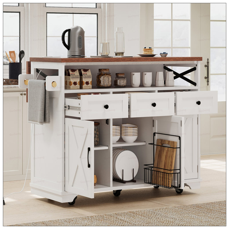 Farmhouse Kitchen Island with Drape of Beads, Power Outlet, and Rolling Wheels for Versatile Storage and Mobility, White