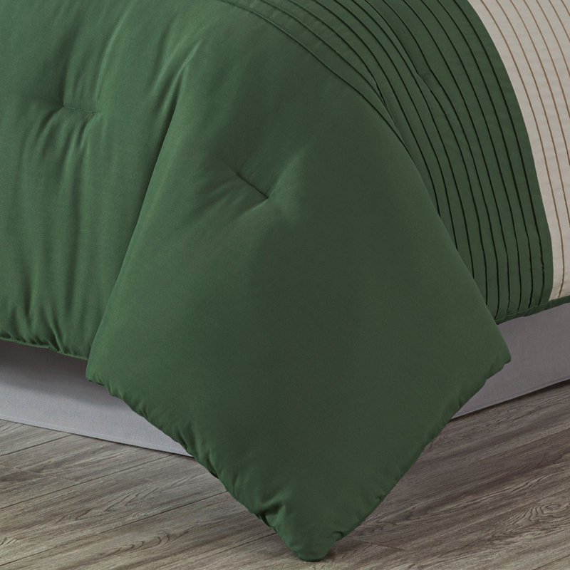 Loft 8-Piece Pleated Stripe Microfiber Comforter Set, California King Comforter + 2 King Shams, Forest Green/Gray/Cream