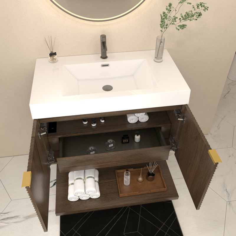 Ensemble de meuble-lavabo mural 36 pouces avec portes et tiroir intérieur Stella, Brun châtaigne