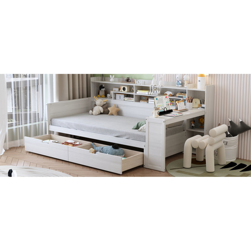 Wooden Daybed With Storage Shelves, Multi-Functional Bed With Two Storage Drawers And Study Desk, Antique White