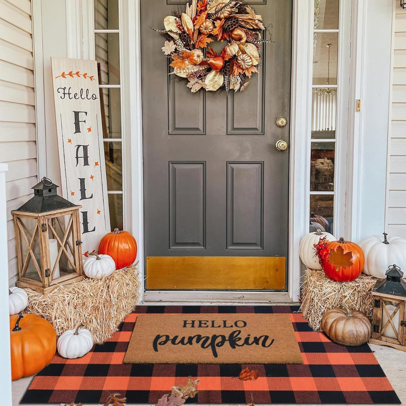 Fall Decor Doormat Combo Set, 100% Coco Coir Welcome Mat Plaid Rug - Fall Thanksgiving Front Porch Entryway Decor Floor Mat, Indoor Outdoors Autumn Mats Hello Pumpkin