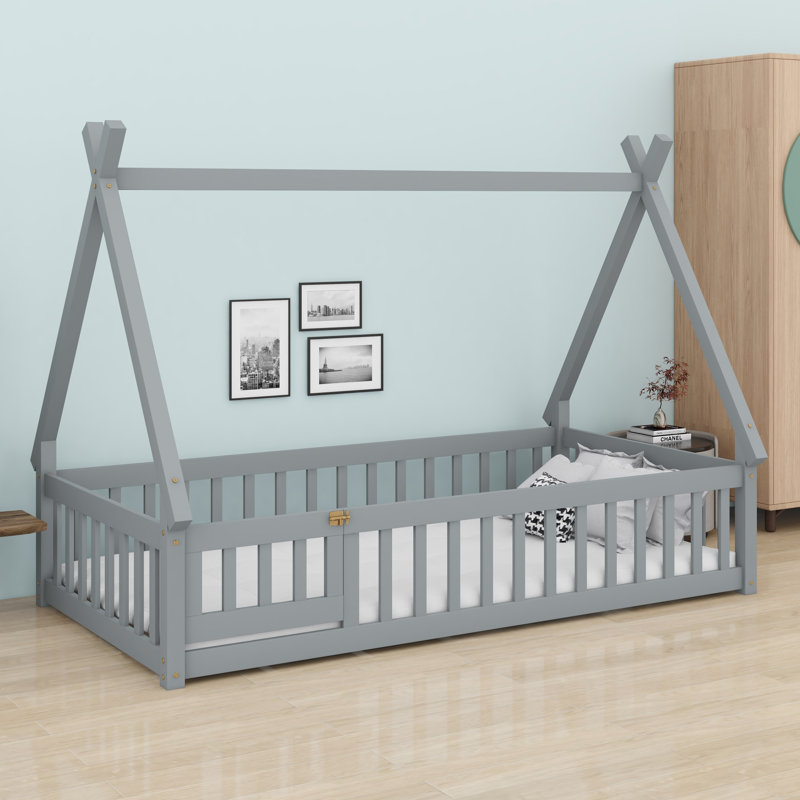 Tent-Shaped Floor Bed With Guardrails, Slats And A Door, Gray, Twin
