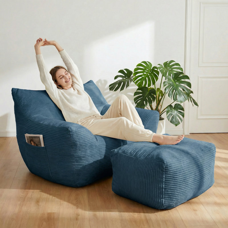 Oversized Adult Bean Bag Chair - High-Resilience Shredded Foam Ergonomic Lazy Sofa with Ottoman for Living Room Bedroom Dorm