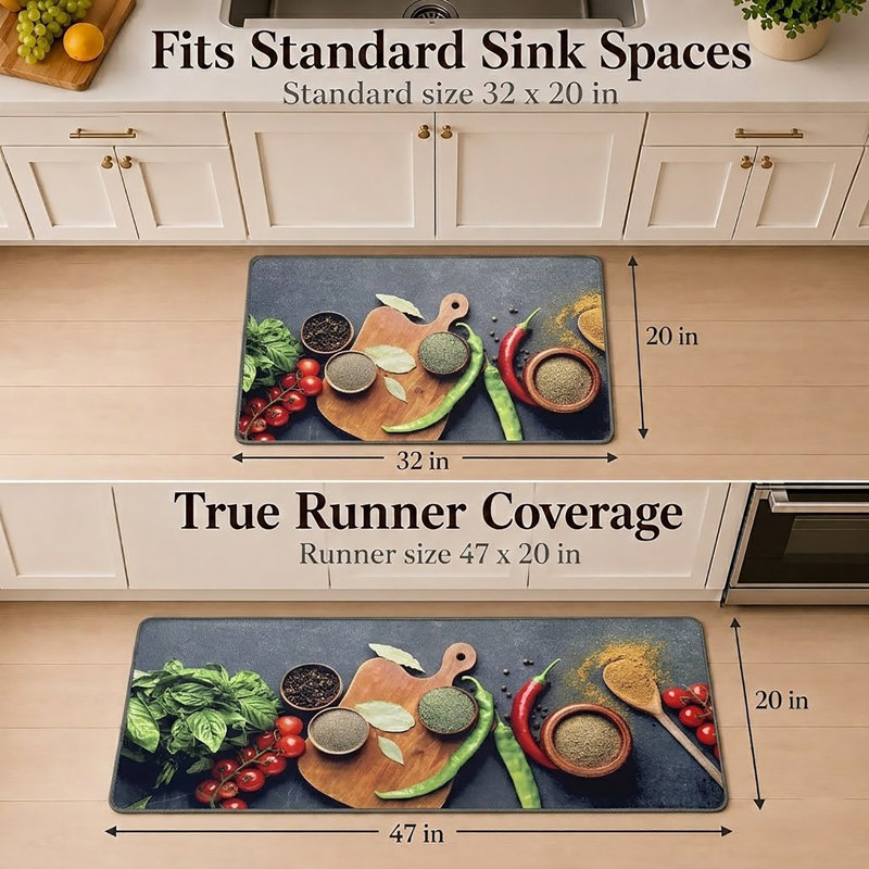 Ensemble de tapis de cuisine et de tapis décoratifs avec motif d'herbes fraîches et d'épices, 20 x 32 et 20 x 48 pouces