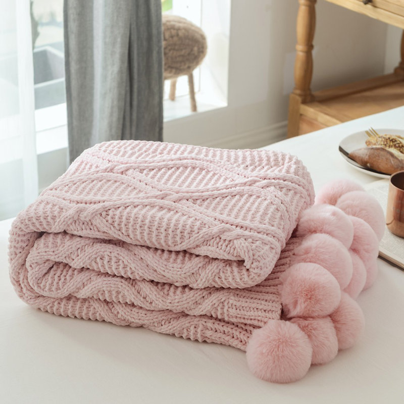 Chenille knit throw blanket with pom poms