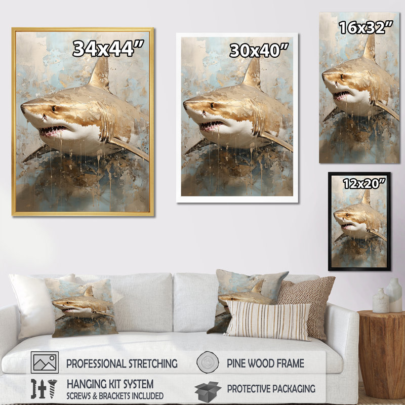 " Minimalism Shark Painting In Golden Beige ", Silver Single Picture Framed, 32" H x 16" W x 1" D