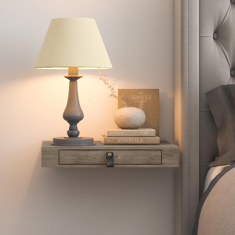Tablette flottante avec tiroir, table de chevet flottante pour la chambre à coucher - Tablette murale 16 po, tablette flottante blanche avec rangement, tablette flottante (gris clair)