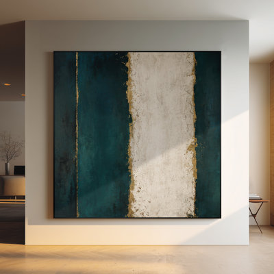Très grand art mural imprimé sur tissu - Composition de blocs de couleurs verticales modernes avec des accents crème sarcelle foncé et or rouille, design d'intérieur minimaliste abstrait pour le salon ou la chambre à coucher - «Assemblage requis du cadre (cadre non fini)»
