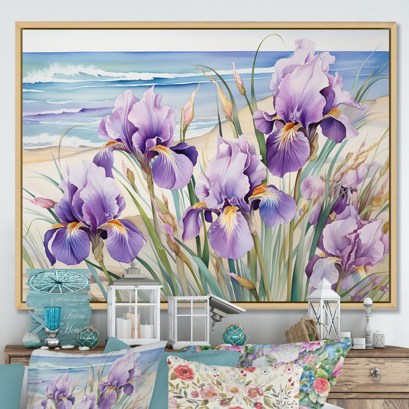 Iris mauves sur la plage sur toile, Cadre naturel flottant, H 16 po x l 32 po x P 1 po