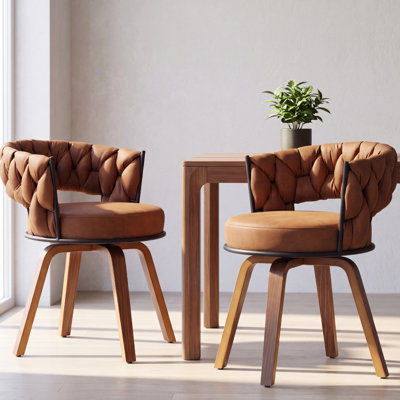 Ensemble de 2 chaises de salle à manger pivotantes capitonnées en suédine brun clair, style moderne du milieu du siècle, avec pieds en bois, pour la cuisine.