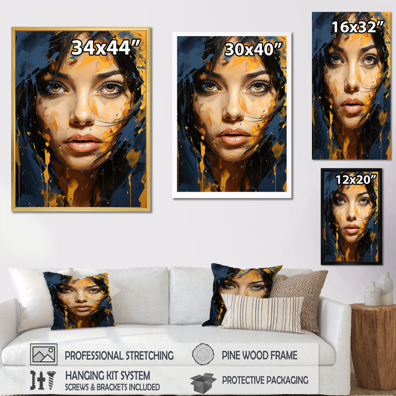 «Blue Indigo Iman Portrait I - Woman», impressions d'art mural_105778, H 20 po x l 12 po x P 1 po, Encadrement doré