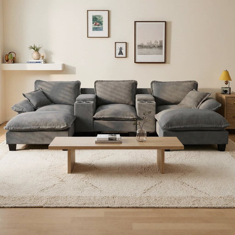 Canapé modulaire en U à 5 places avec porte-gobelets, rangement et port USB, 2 repose-pieds et 2 coussins, tissu chenille doux pour le salon