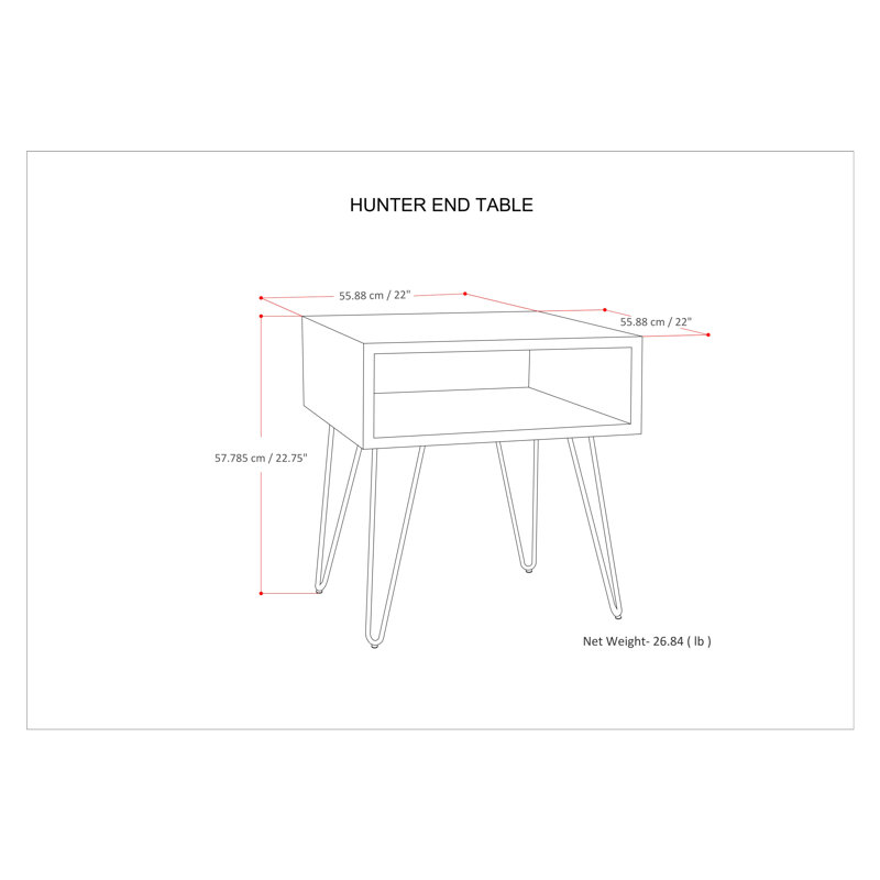 Table de bout carrée en bois de manguier massif et métal 22 po Hunter avec rangement ouvert et pieds en épingle à cheveux