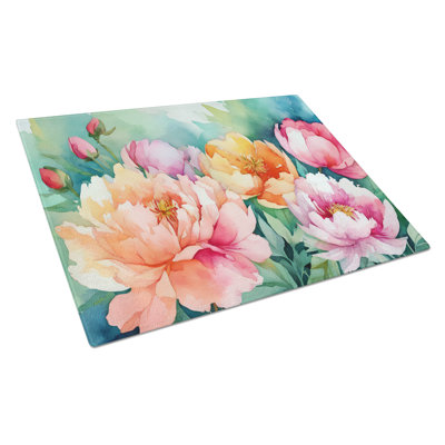 Indiana Peonies in Watercolor Glass Cutting Board Large