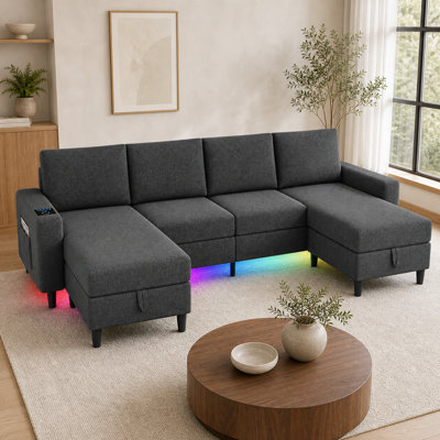 5-Piece Reversible U-Shaped Sectional Sofa with Storage Ottomans, Wireless Charging, and RGB Lights