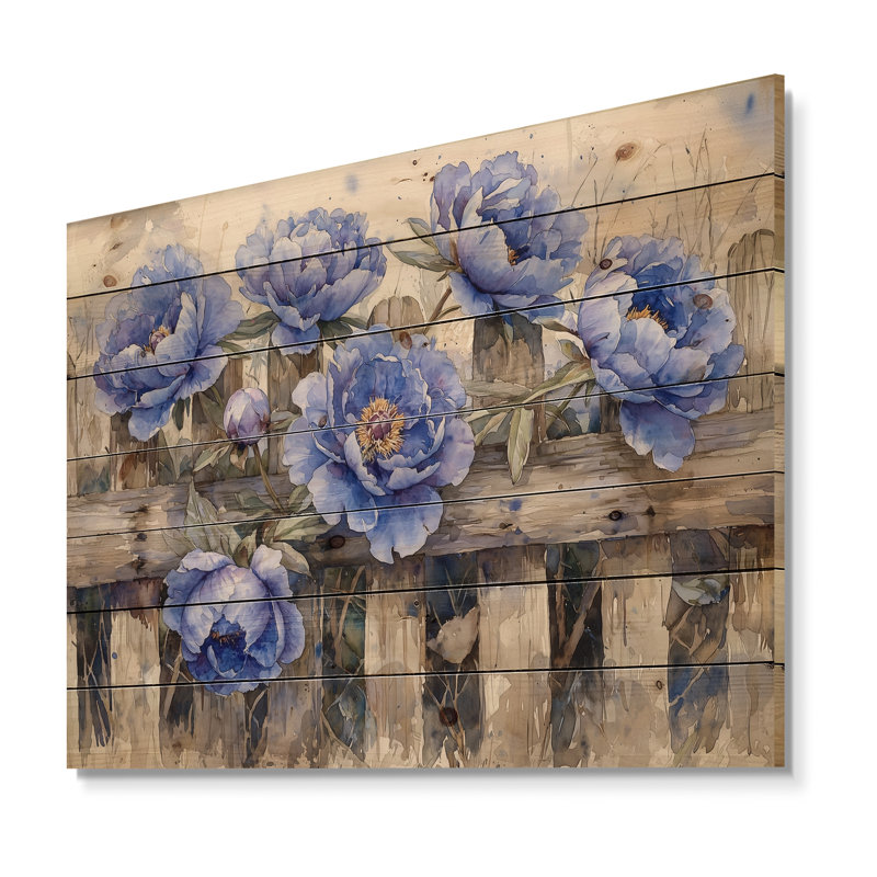 Pivoines bleues par la clôture II - art mural en bois pivoines - sur bois de pin naturel, H 30 po x l 40 po x P 0,78 po