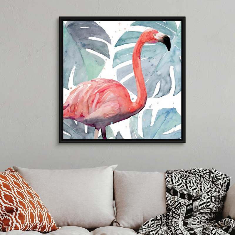 «Flamingo Splash I», art mural sur toile, Toile avec cadre noir, H 38 po x l 38 po