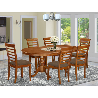 7 Piece Modern Dining Table Set Consist of an Oval Wooden Table with Butterfly Leaf and 6 Linen Fabric Kitchen Dining Chairs, Saddle Brown