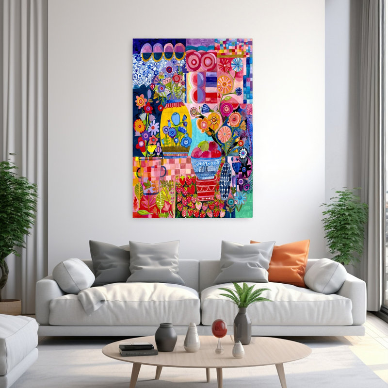 «In My Mind», art floral coloré fantaisiste et fruits, H 60 po x l 40 po
