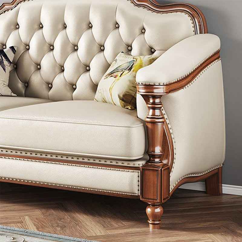American Retro Style Solid Wood Leather Sofa 86.6'' Leather Sofa