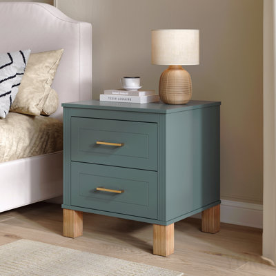 Table de chevet 2 tiroirs, rangement en bois de qualité supérieure avec design cannelé élégant, table de chevet à pieds en bois massif avec poignée en métal, table de chevet haute pour le salon de la chambre à coucher, bleu