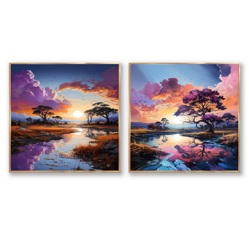Ensemble de 2 charmants desserts au coucher du soleil, H 16 po x l 33 po, Cadre flottant doré