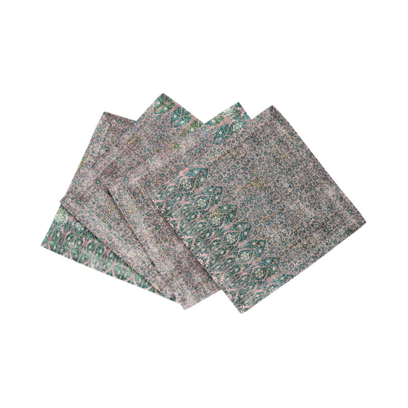 Iznik Cotton Sateen Cocktail Napkins, Green Pink