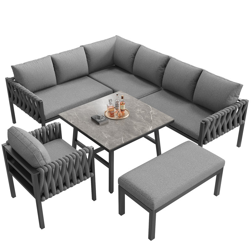Outdoor Sectional Patio Set With Cushions, Grey Cushion/Dark Grey Frame