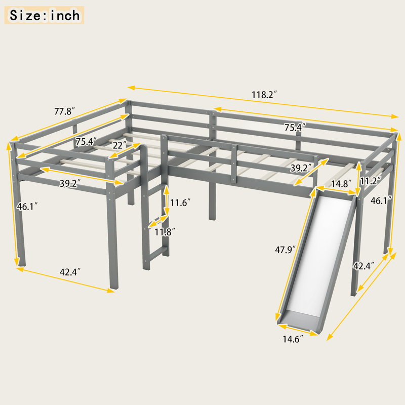 L-Shaped Twin Size Loft Bed with Slide & Widened Ladder | Corner Design, Solid Wood Frame & Space-Saving Layout, Gray