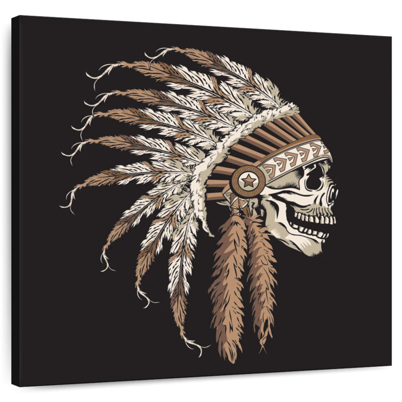 Skull Wearing Indian Headdress, 20" H x 20" W