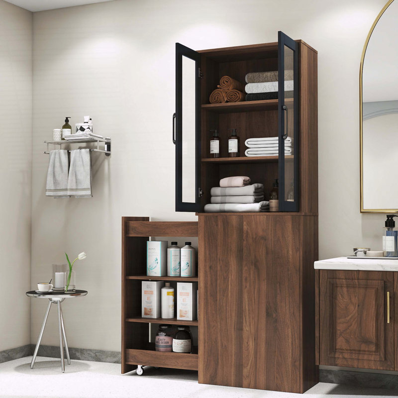 Armoire de rangement 70,87 "avec tablette coulissante à 4 niveaux et 2 portes en verre, Noir / brun