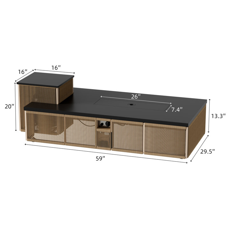 59-Inch Rectangular Propane Fire Pit Table with 50,000 BTU Burner, Raised Side Table and Rope-Woven Base