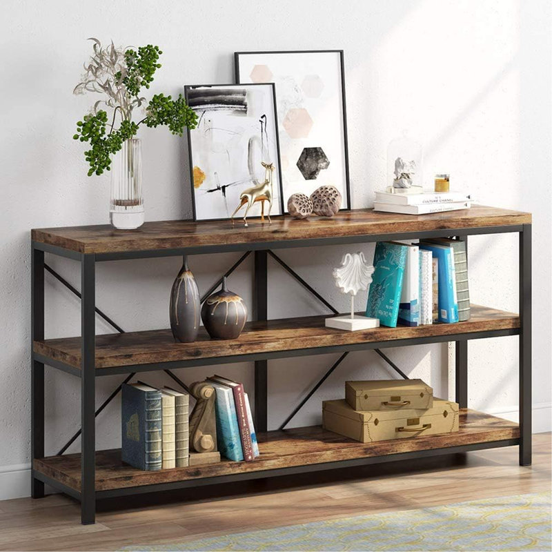 Console industrielle de 55 pouces avec tablettes ouvertes à 3 niveaux, canapé étroit brun rustique pour le salon et le couloir