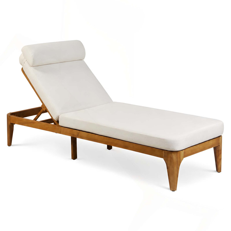 1 chaise longue inclinable en bois d'acacia avec dossier réglable pour la piscine, Beige
