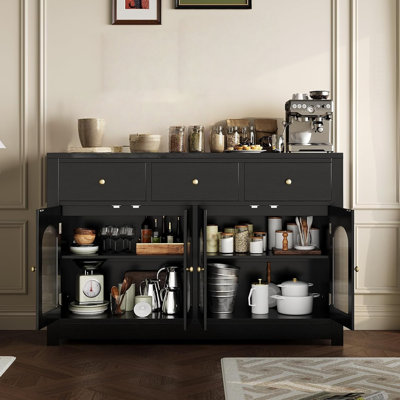 55" Buffet Cabinet with Storage, Modern Sideboard with Arched Acrylic Fluted Doors & 3 Drawers, Coffee Bar Cabinet with Adjustable Shelves for Dining Room, Living Room, Kitchen, Black