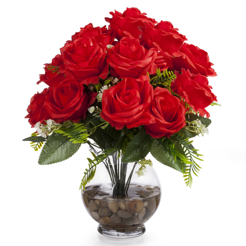 Arrangement floral 18 têtes de roses en soie dans un vase, Rouge